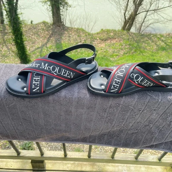 Alexander McQueen $650 Black Silver Crossed Hybrid Men’s Slide Sandals MCQ US 11 - Picture 9 of 11